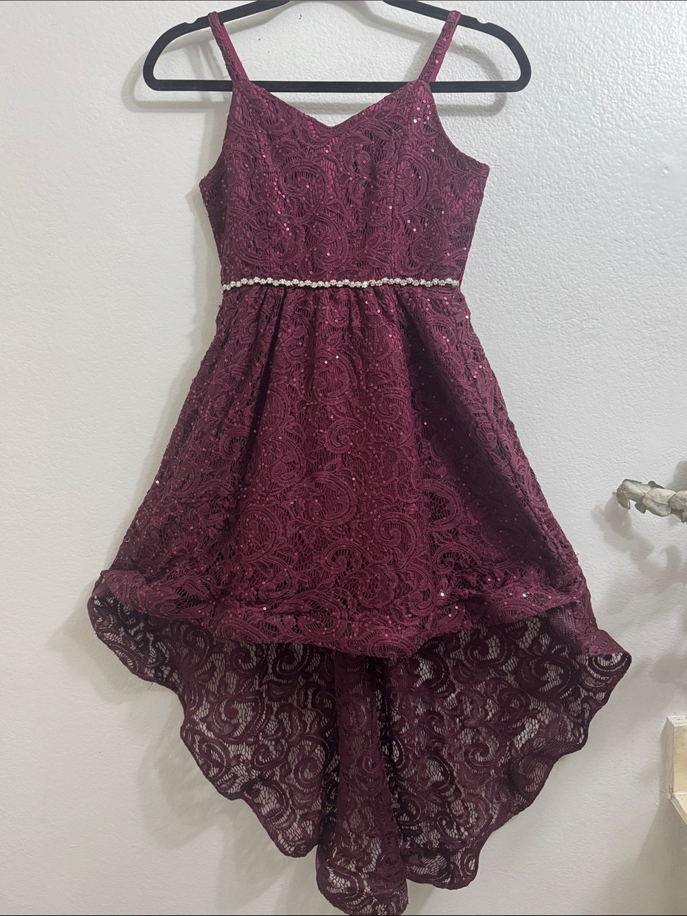 Rare Editions- Girls Lace Sequined High-Low Dress with Jeweled Waist in Burgundy